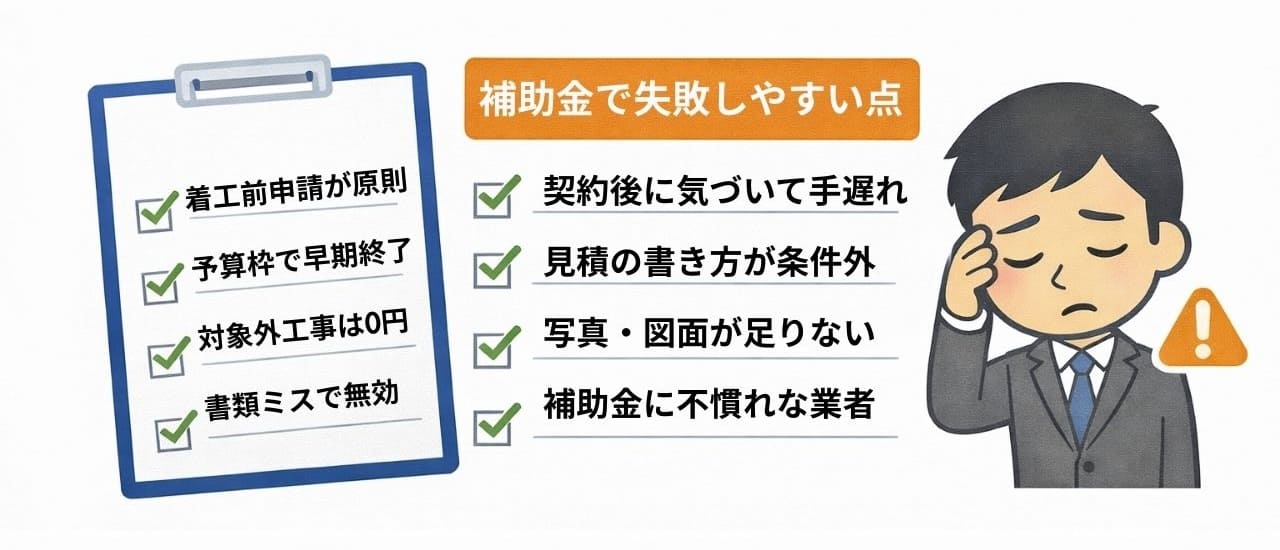 外構補助金の注意点（着工前申請・予算枠・対象外・書類ミス）と失敗しやすい落とし穴