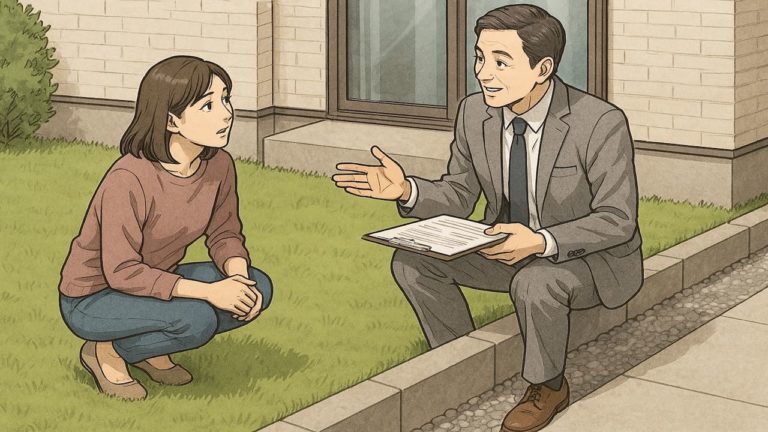 外構の見切りブロッックを相談する女性