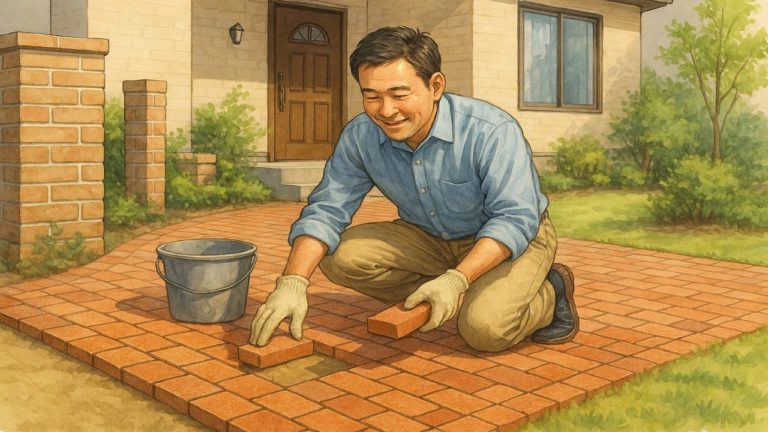 外構にレンガ舗装している男性