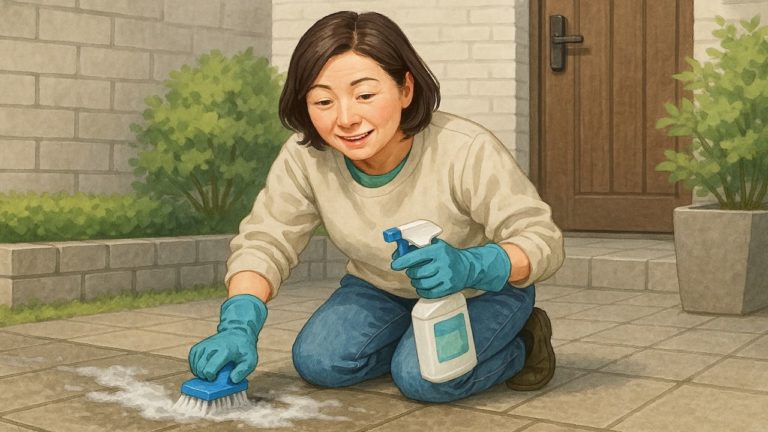 外構を洗剤で洗う女性