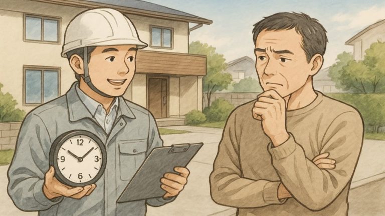 外構工事の期間に悩む男性と業者