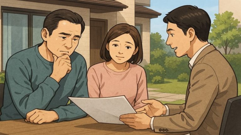 外構の相談をする夫婦と業者