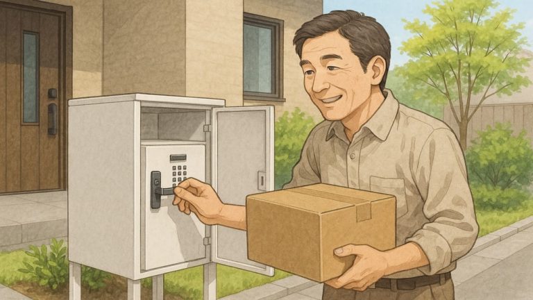 外構に設置された宅配ボックスを開ける男性