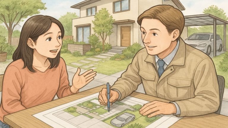 外構の設計を打ち合わせする女性