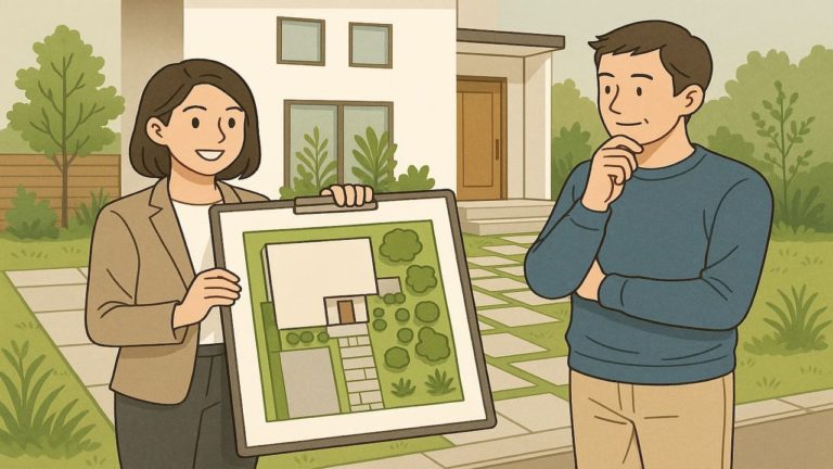 外構のデザインに悩む男性と業者プランナー