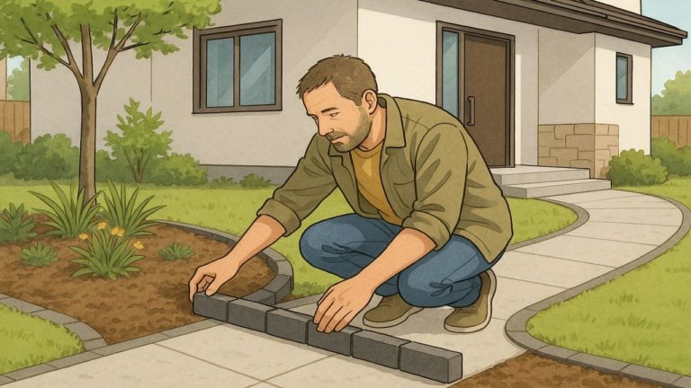 外構の見切り材を設置する男性