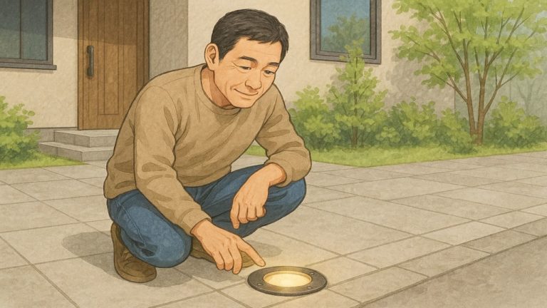 外構に埋め込みライトをチェックする男性