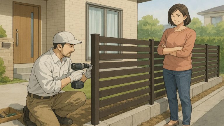 外構業者がフェンス工事をしている画像