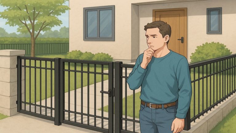 フェンスに扉をつけるか悩む男性