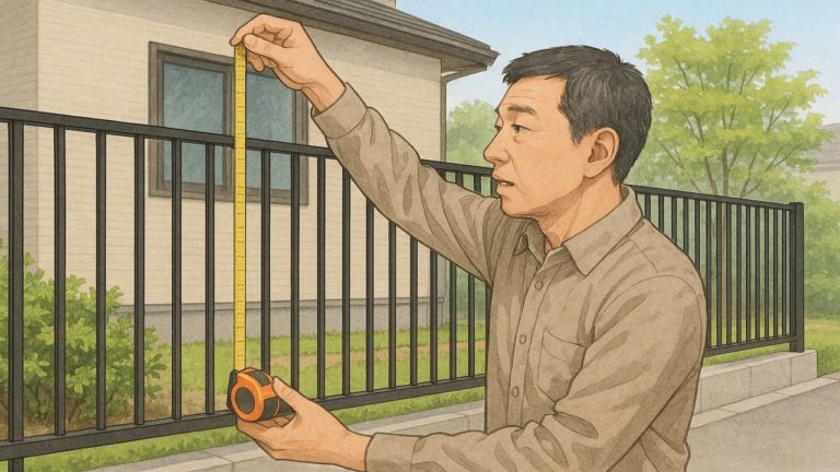 外構フェンスの高さをチェックする男性