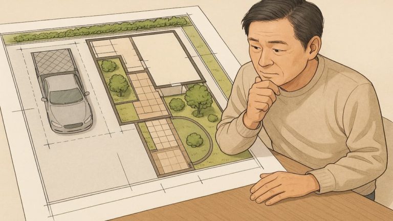 外構の平面図をチェックする男性