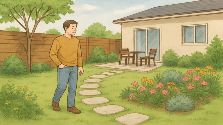 外構の庭を散歩する男性