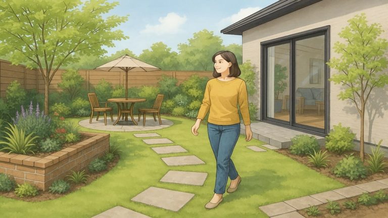 おしゃれな外構の庭に満足そうな女性