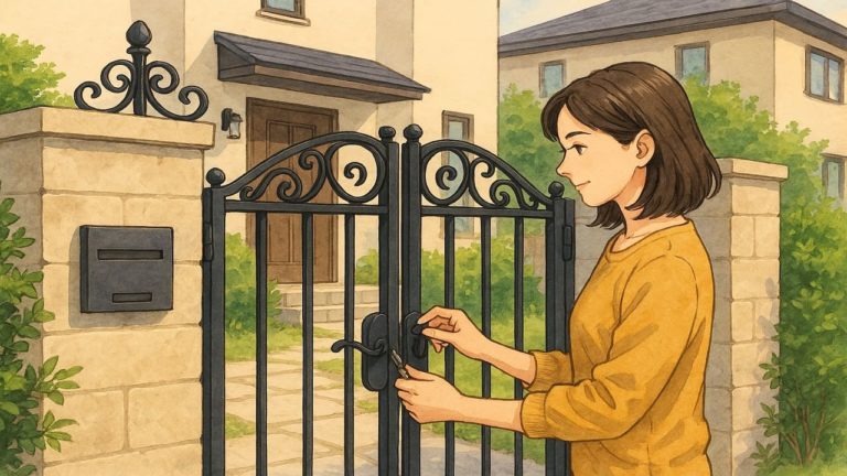 おしゃれな外構門扉の開け閉めをしている女性