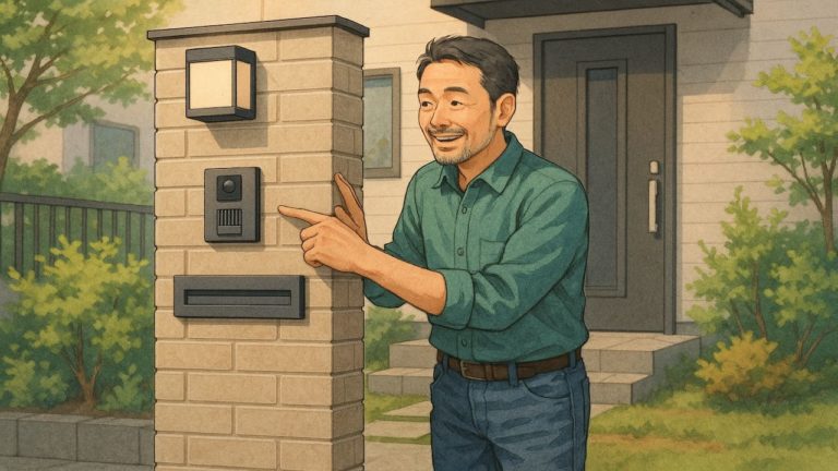 外構の門柱を気にしている男性