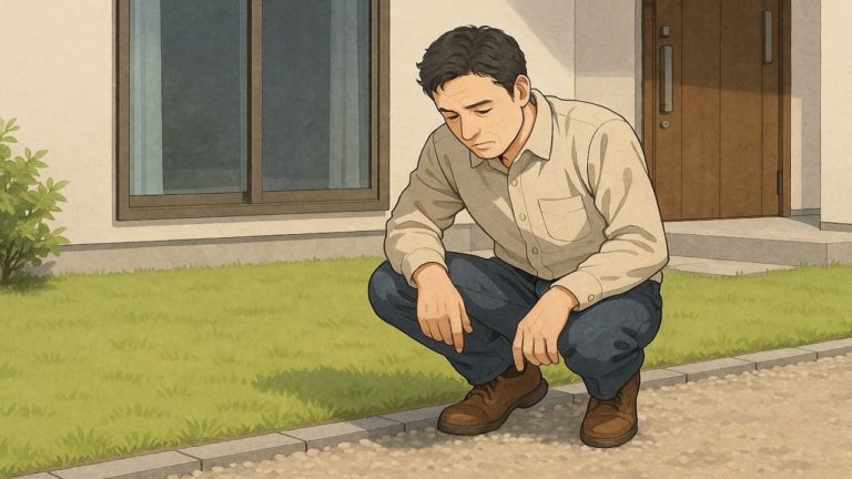 外構の地面をどうするか悩む男性