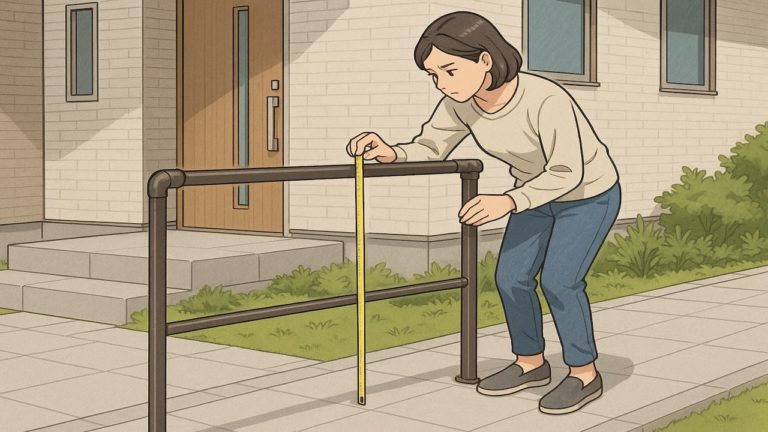 外構手すりの高さを気にしている女性