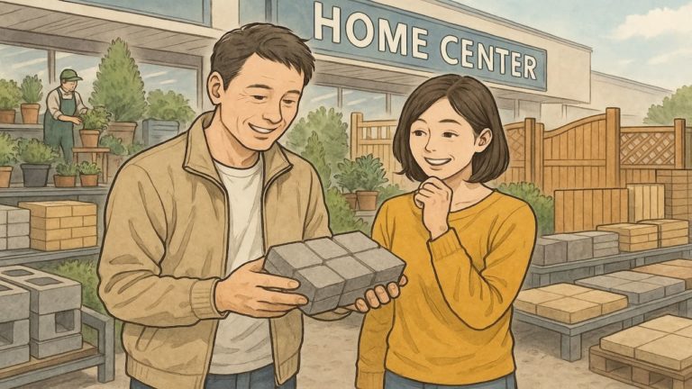 ホームセンターで外構のアイデアを考える夫婦