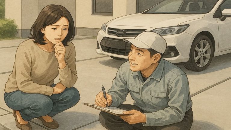 外構駐車場の目地について悩む女性