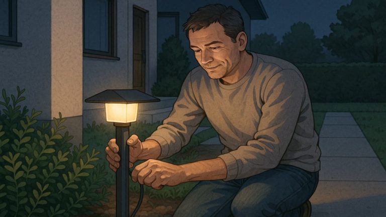 外構ライトを後付けする男性