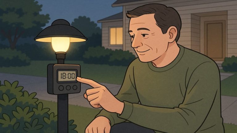 外構ライトのタイマーを調整する男性