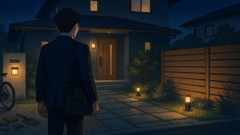 外構の照明が付いている家に帰宅する男性