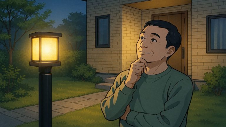 外構ライトに満足げな男性