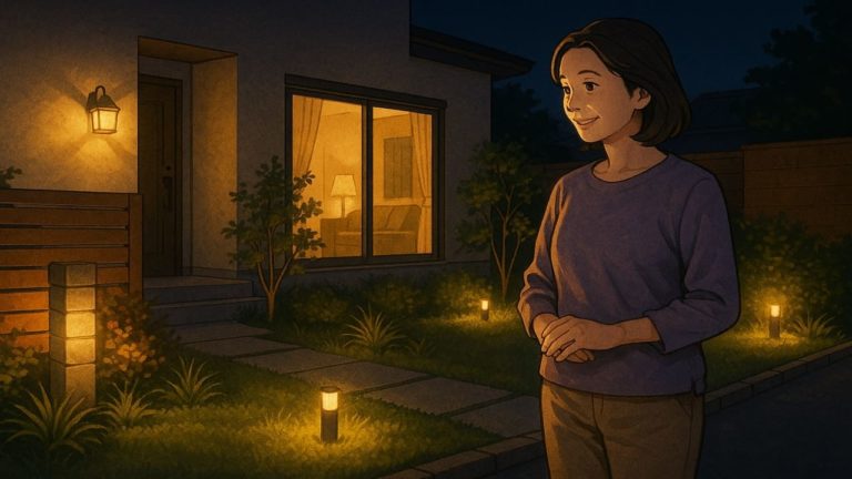 外構のライティングに満足する女性