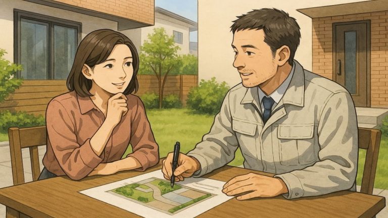 外構の打ち合わせをする女性と業者