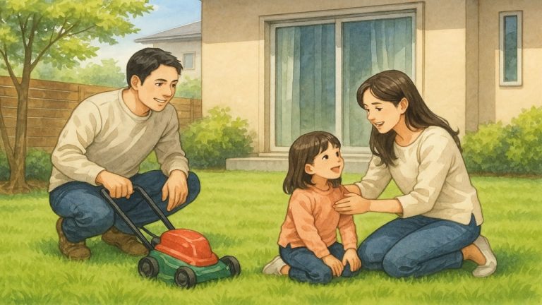 外構の天然芝で遊ぶ家族