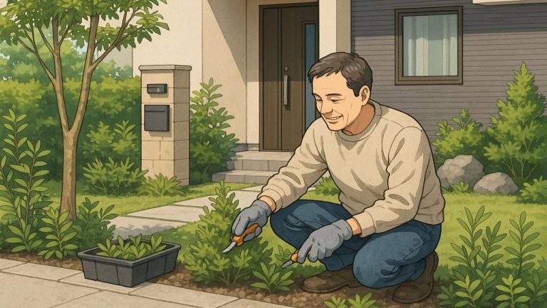 外構の植栽を楽しんでる男性