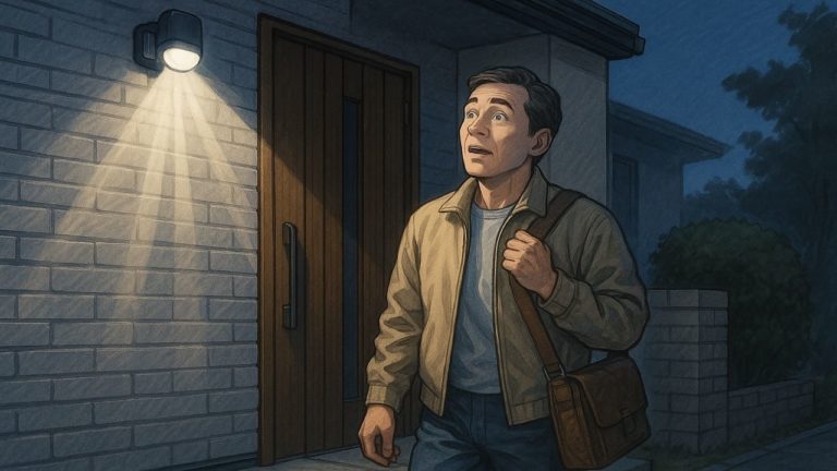 外構のセンサーライトに驚く男性