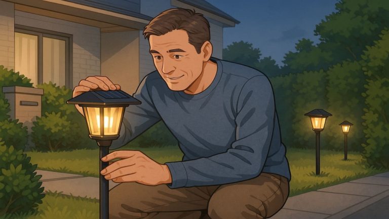 外構にソーラーライトを埋め込む男性