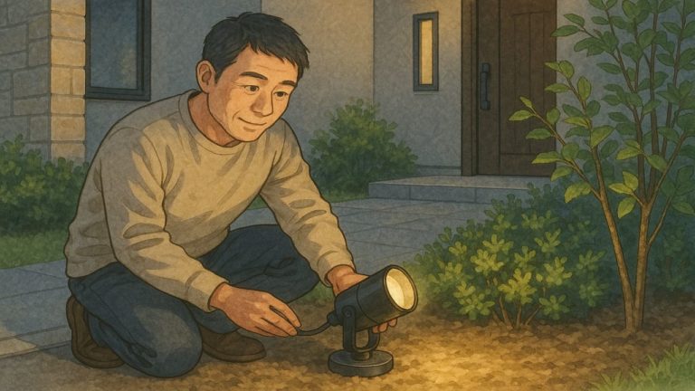 外構に設置したスポットライトを調整する人