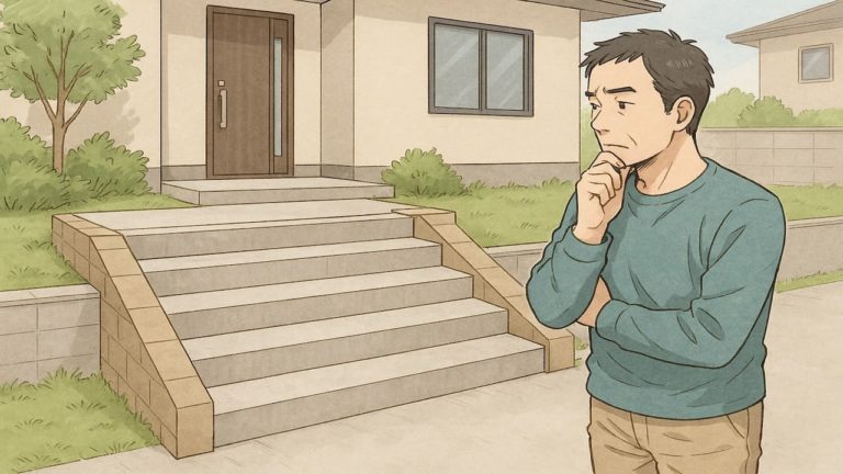 外構の階段をどうするか考えてる男性
