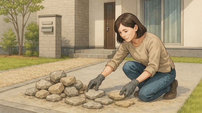外構工事に石を使うか悩む女性