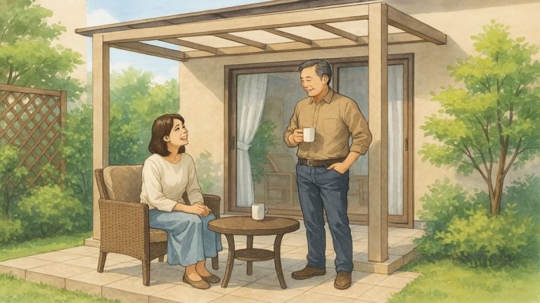 外構のテラスでくつろぐ夫婦