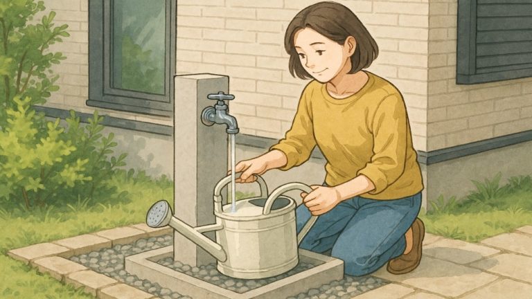 外構の水栓を使っている女性