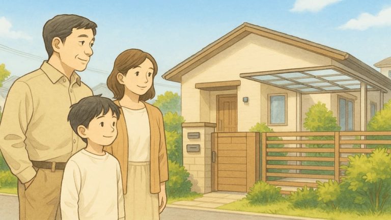 家の外まわり（門柱・フェンス・庭など）を見ながら外構の意味を話す家族のイラスト