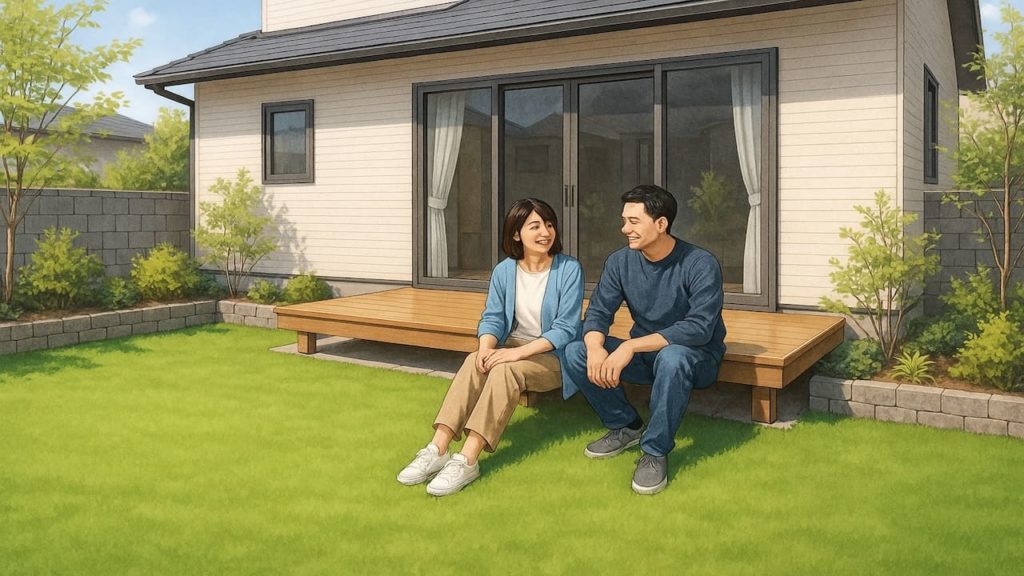 人工芝の庭でくつろぐ夫婦