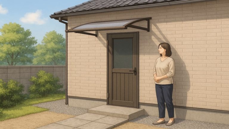 外構の勝手口に屋根をつけて満足げな女性