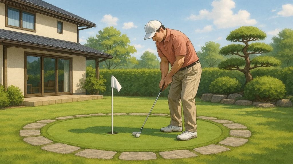 庭の芝生でゴルフする男性