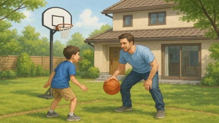 バスケットコートのある庭で楽しむ親子