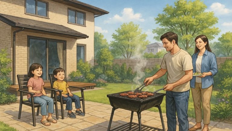 バーベキューができる庭づくりを楽しむ家族