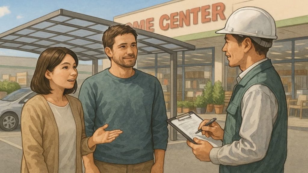 ホームセンターのカーポートを見学する夫婦