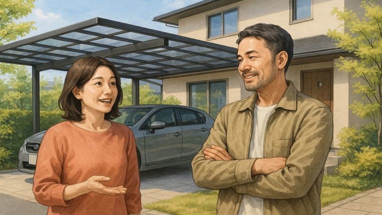 カーポートのメリットを話し合う夫婦