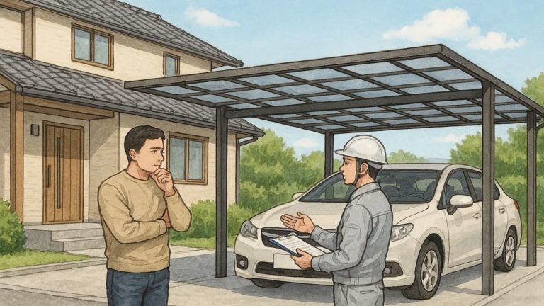 カーポートの値段を確認する男性