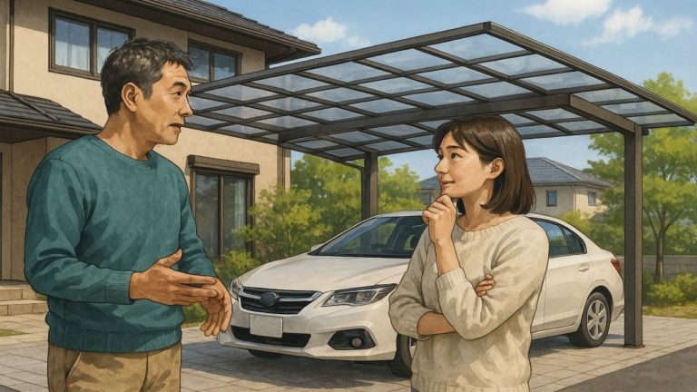 カーポートのおすすめを聞く女性