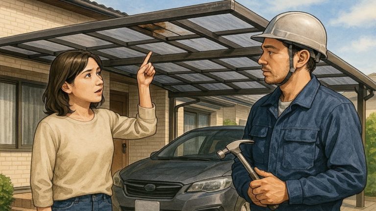 カーポートの修理を頼む女性