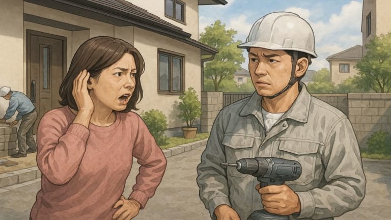 外構工事音の苦情をいう女性